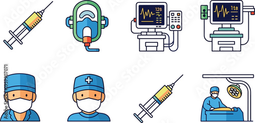 Medical Healthcare Icon Set with Doctor, Surgeon, Syringe, Ventilator, Patient Monitor Equipment for Hospital, Emergency, Treatment, and Clinical Vector Illustration