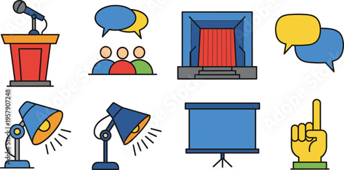 Public Speaking and Presentation Icon Set with Podium, Audience, Speech Bubbles, Stage, Spotlight, and Screen for Conference, Seminar, Communication Design