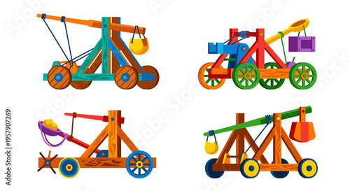 Tableau sur toile Colorful illustrations of medieval siege engines including trebuchets and ballis