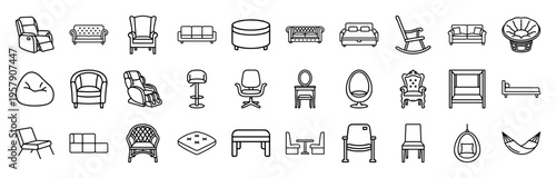 Minimalist Home Furniture Line Art Symbols Featuring Modern Sofas Armchairs and Interior Seating Solutions for Architectural Floor Plans