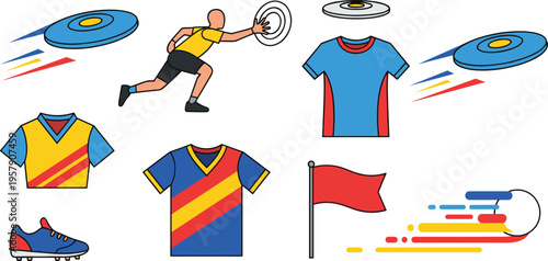 Ultimate Frisbee Sport Icon Set with Player Throwing Disc, Flying Frisbee, Team Jerseys, Flag, and Cleats for Outdoor Game and Athletic Design