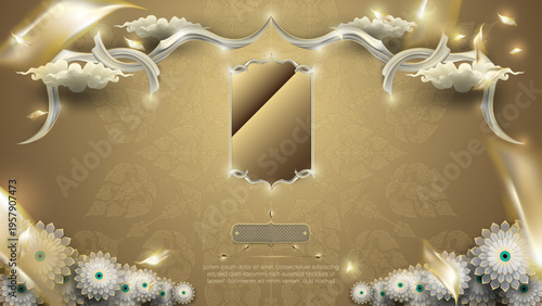 Elegant golden Thai motif with lotus and jasmine flowers on clean white backdrop