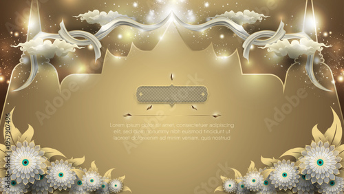 Elegant golden Thai motif with lotus and jasmine flowers on clean white backdrop