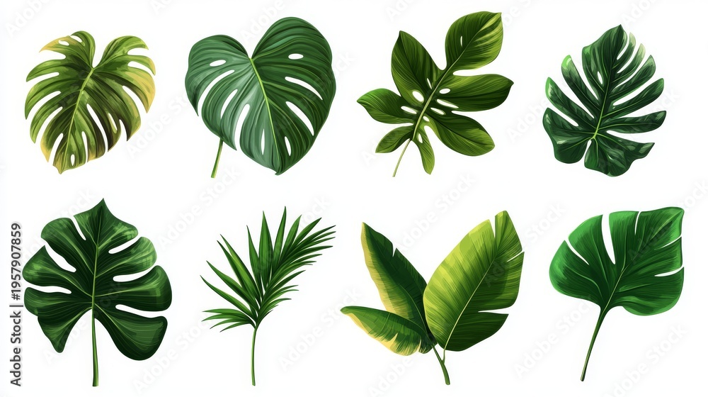 Obraz premium 118.Stylized yet realistic tropical leaf assortment, varied shapes and sizes, smooth gradients and lifelike shadows, featuring Calathea waves, Monstera patterns and elegant palm lines, presented