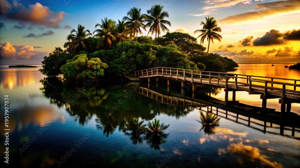 Obraz premium A serene tropical island with a wooden bridge at sunset