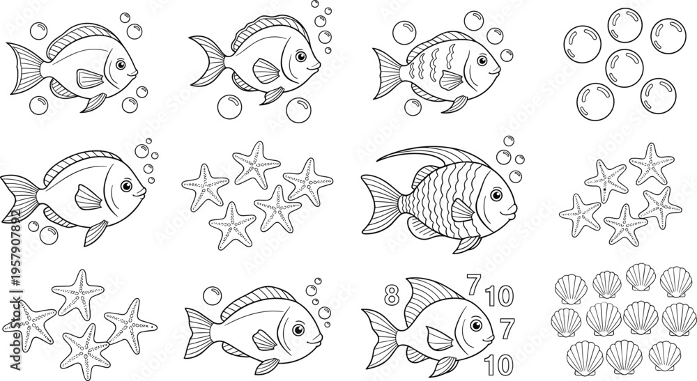 Obraz premium Underwater fish and starfish line art set with bubbles seashells marine outline vector illustration collection
