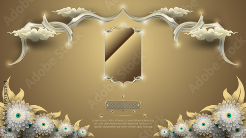 Elegant golden Thai motif with lotus and jasmine flowers on clean white backdrop