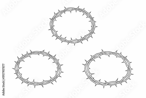 A minimalist illustration of three crown of thorns outlines in simple stroke, featuring thorny crown vector line art and jesus crown thorns outline on a clean white background.