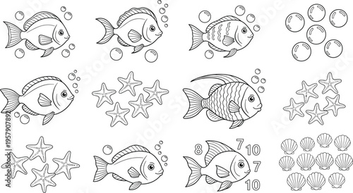 Underwater fish and starfish line art set with bubbles seashells marine outline vector illustration collection