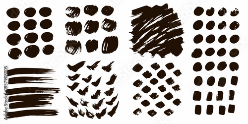 Collection of abstract black brushstrokes and paint splatter shapes