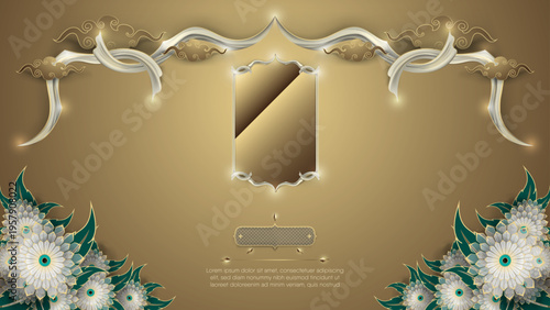 Elegant golden Thai motif with lotus and jasmine flowers on clean white backdrop