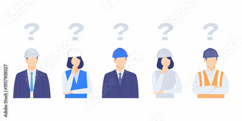 Diverse group of construction workers with question marks above their heads