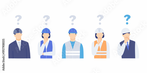 Diverse group of workers pondering questions above their heads