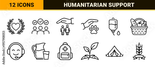 Humanitarian Charity and Community Aid Minimalist Monoline Icon Set, Geometric Line Art for Non-Profit and Social Support Services