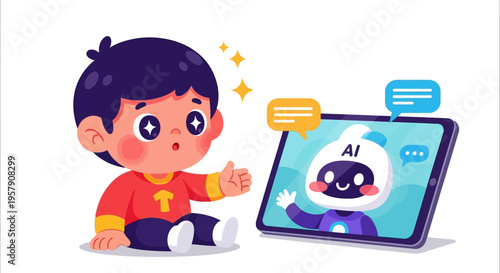 Child Interacting with AI Robot on Tablet, Learning and Technology Concept