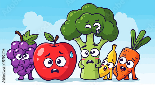 Confused cartoon fruits and vegetables group with worried expressions