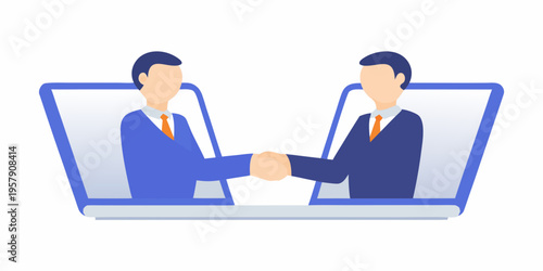 Two business professionals shaking hands during a virtual meeting online