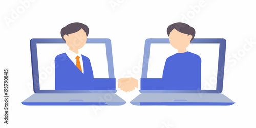 Two business people shaking hands during a virtual meeting on laptops