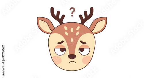 Confused Deer Emoji with Question Mark, Sad Face, Cute Cartoon Animal Illustration