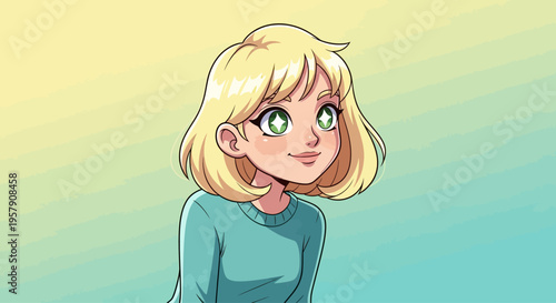 Cute Anime Girl with Blonde Bob and Green Eyes Smiling