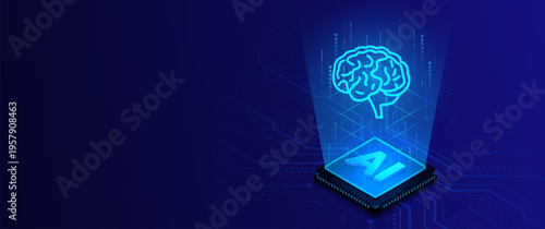 Artificial intelligence microchip with digital brain icon on futuristic circuit board background