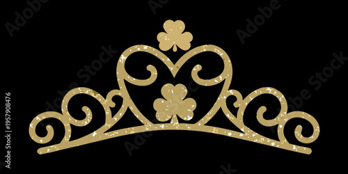 Golden tiara with floral details against a stark black background