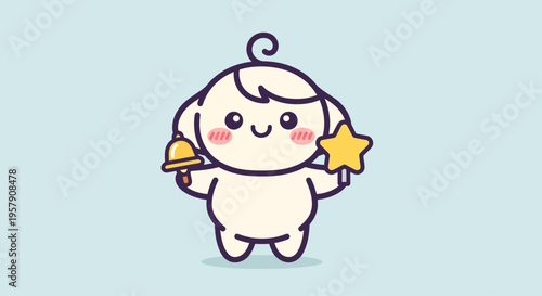Cute baby character holding a bell and a star, smiling with rosy cheeks, simple cartoon style