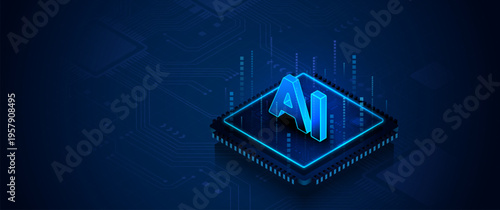 Artificial intelligence AI text on computer microchip with blue digital circuit background