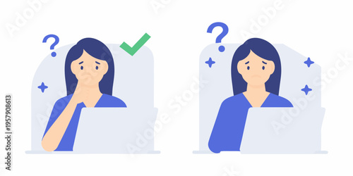Two women contemplate choices represented by question marks and a checkmark