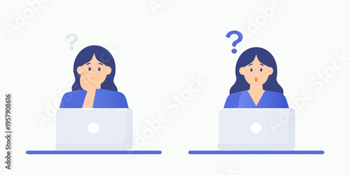 Two women contemplate using laptops displaying confusion and surprise