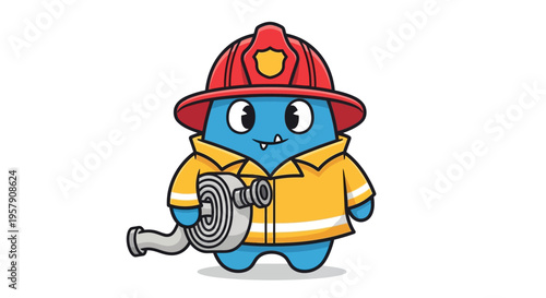 Cute blue monster firefighter holding a hose, wearing helmet and uniform