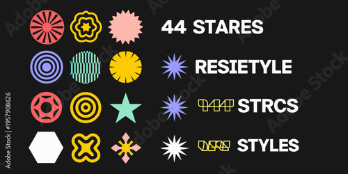 Colorful abstract shapes and text featuring 44 Stares and Resietyle