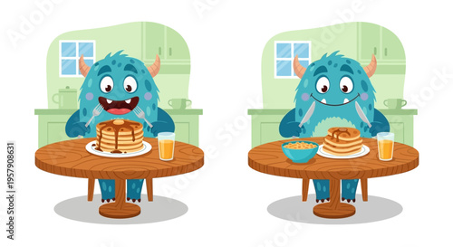 Cute blue monster eating pancakes for breakfast at a kitchen table