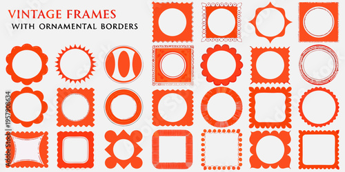 A collection of vibrant orange vintage frames with ornate decorative borders