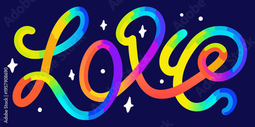Colorful hand lettered love with rainbow gradient and sparkling accents
