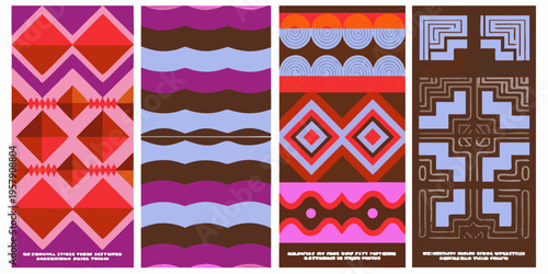 Four colorful patterned bookmarks with geometric designs and text below