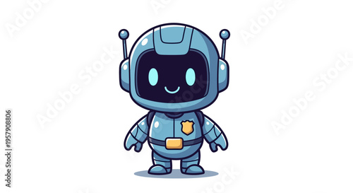 Cute blue robot police officer, cartoon character, friendly AI, security guard, digital illustration
