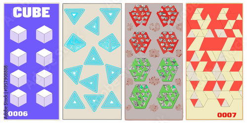 Geometric patterns displayed across four vertically oriented rectangular panels