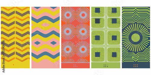 A collection of six vertically oriented patterned rectangles