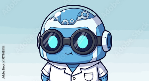 Cute Blue Robot Scientist Wearing Lab Coat and Goggles, Gears Visible in Head