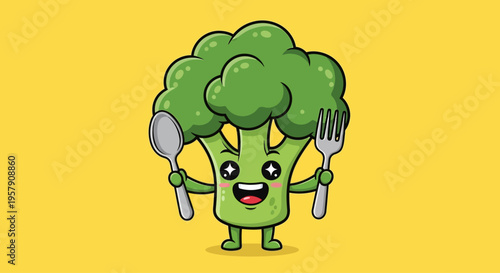 Cute Broccoli Character Holding Spoon and Fork, Ready to Eat, Yellow Background