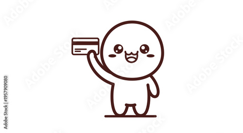Cute Cartoon Character Holding Credit Card, Happy Shopping and Payment Concept