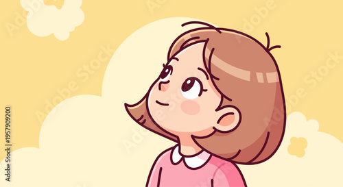 Cute cartoon girl looking up with a smile, yellow background with clouds