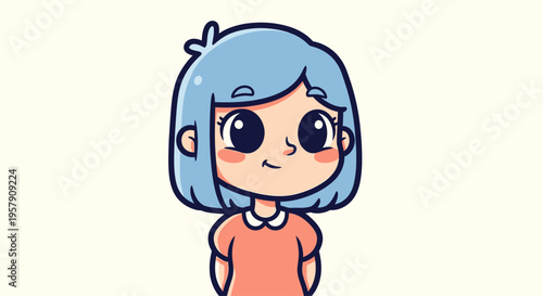 Cute cartoon girl with blue hair and big eyes, smiling, isolated on a light background