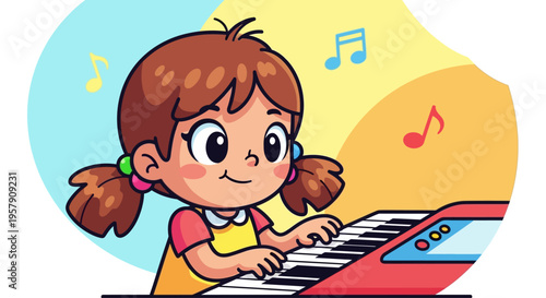 Cute cartoon girl playing a red electronic keyboard with musical notes floating around