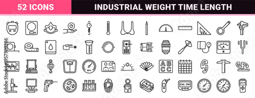 Measurement Instrumentation and Metrology Tools Line Art. Minimalist Monoline Geometric Outlines for Science, Math, and Industrial Weight.