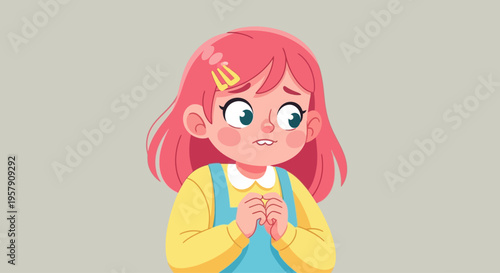 Anxious girl with pink hair, worried expression, clasped hands, feeling nervous, shy, uncertain