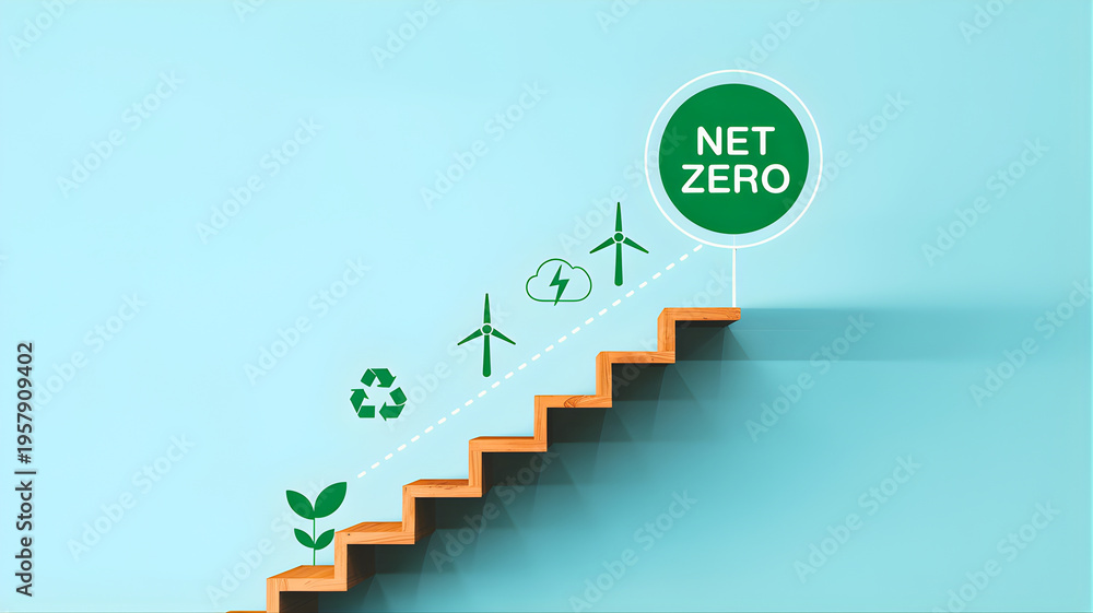 Obraz premium Net Zero Emissions Progression Concept Depicting Growth Towards Sustainability and Renewable Energy Solutions