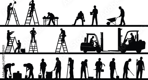 construction worker silhouettes collection, builders on ladders cleaning and lifting, forklift operation, industrial work activities set, black white vector illustration