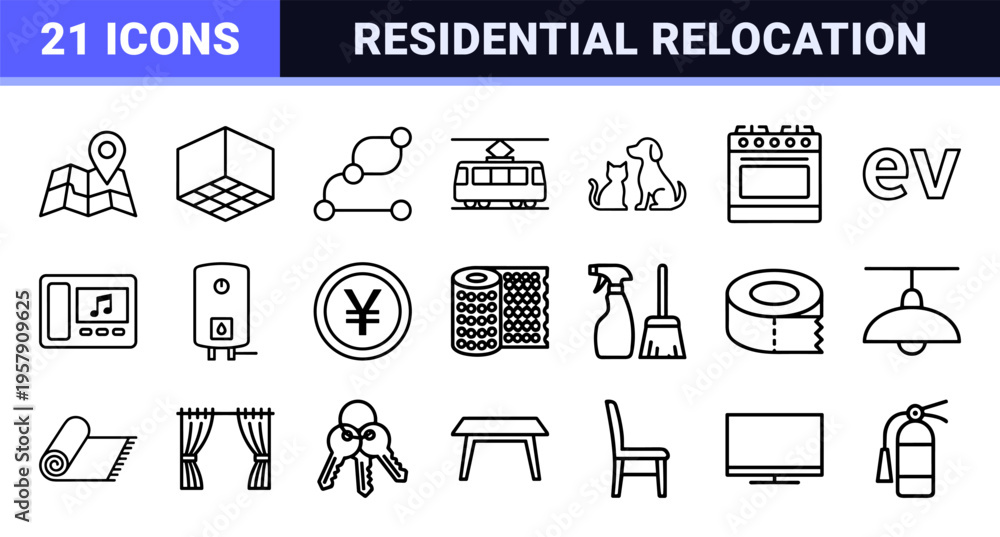 Fototapeta premium Residential Moving and Real Estate Logistics Minimalist Geometric Line Art Outline Symbols for Commercial Database Indexing